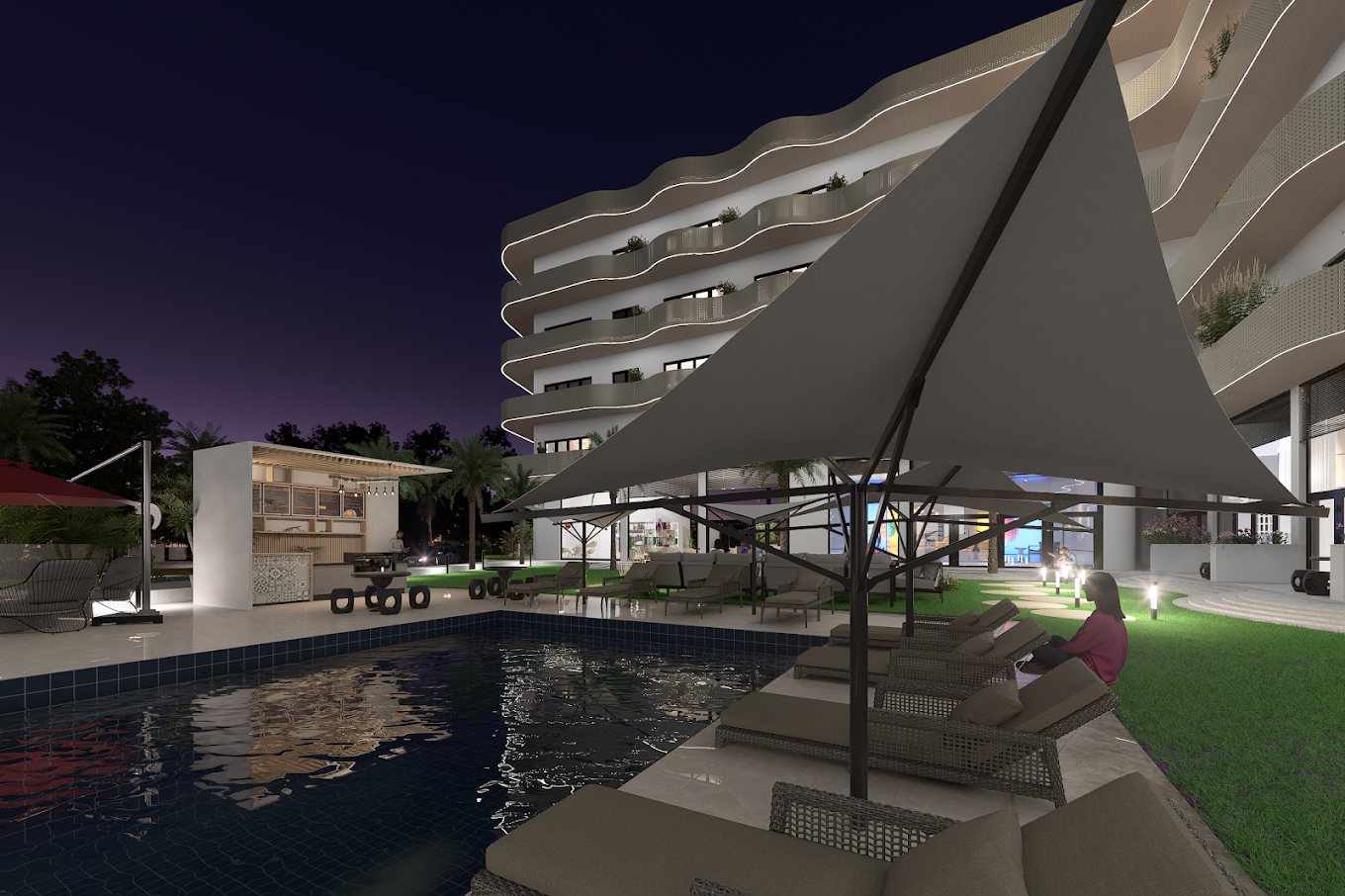 Mei Residence at dusk — pool and courtyard